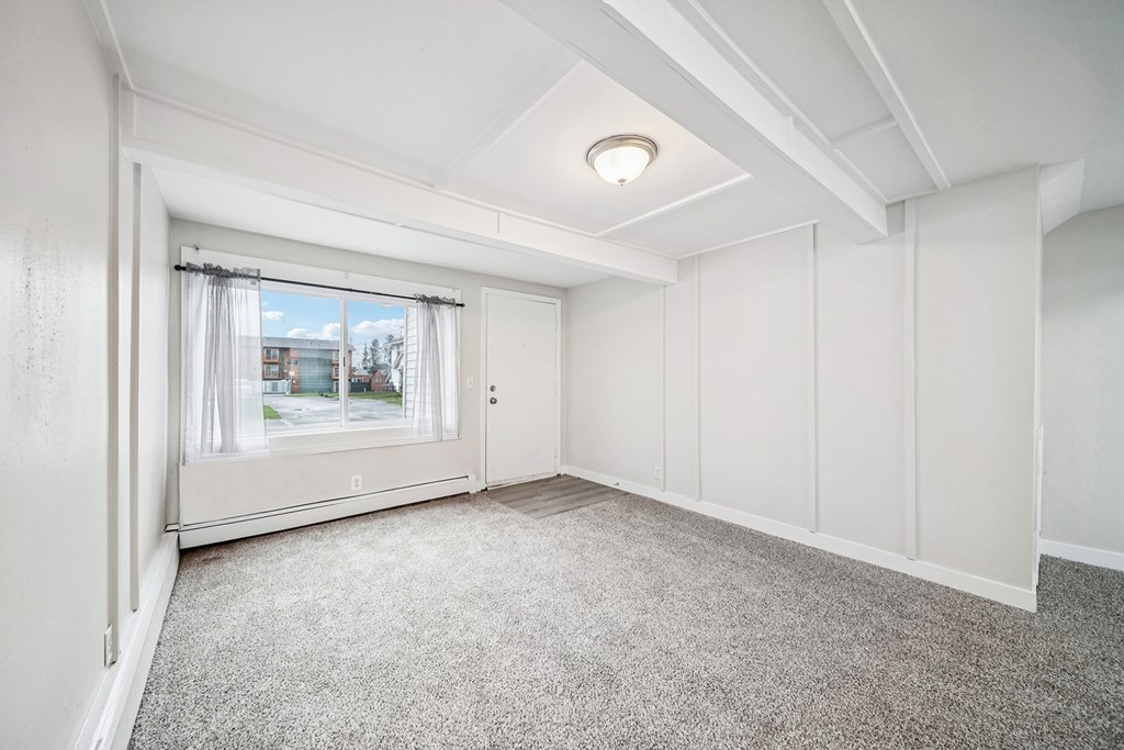 A room with a window and a carpeted floor.