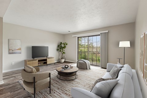 A living room with a grey couch, a chair, a coffee table, a television, and a potted plant.
