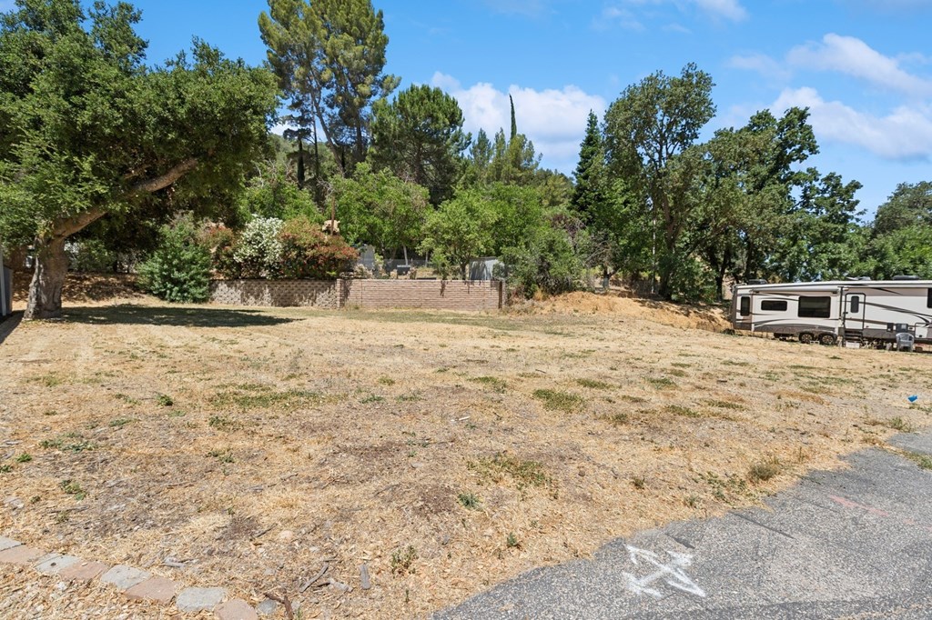 A backyard with a tree, a fence, and a trailer.