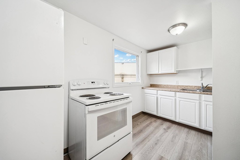 A white kitchen with a stove and a refrigerator.