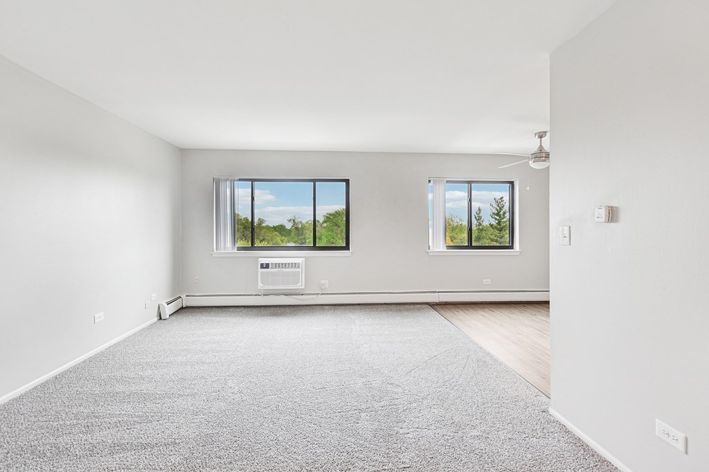 A large livingroom with a grey carpet and two windows.