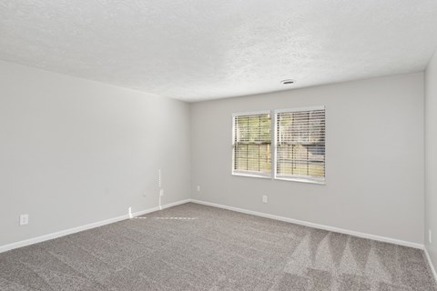 A room with a carpeted floor and a window with blinds.