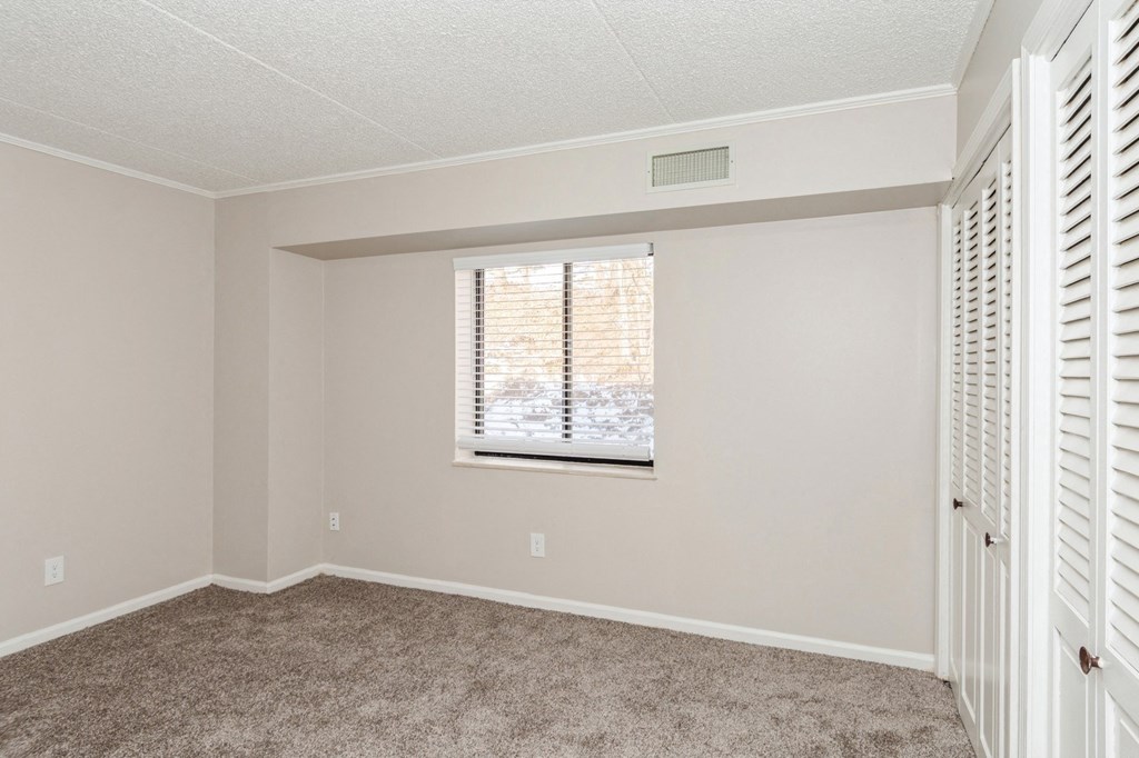 A spacious room with white walls and carpet