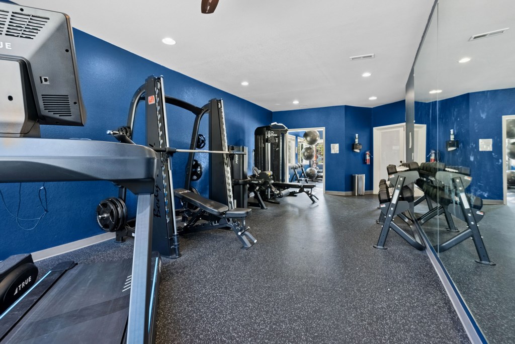 A gym with a treadmill, weights, and exercise machines.
