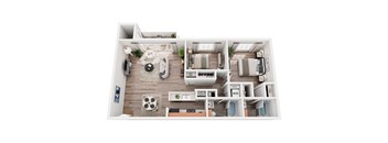 A top-down view of a small apartment with a kitchen, living room, and bathroom.