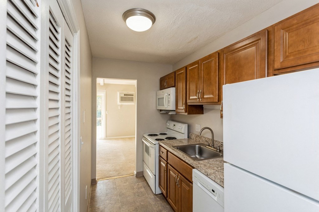 Kitchen with stove, refrigerator, microwave, and dishwasher.