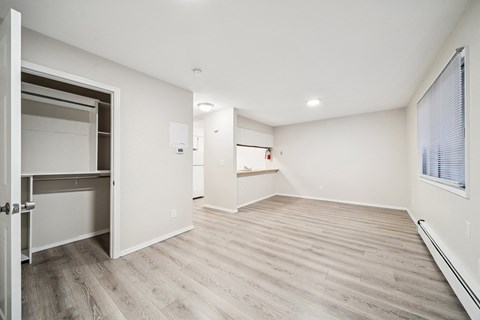 A room with a white ceiling and a wooden floor.