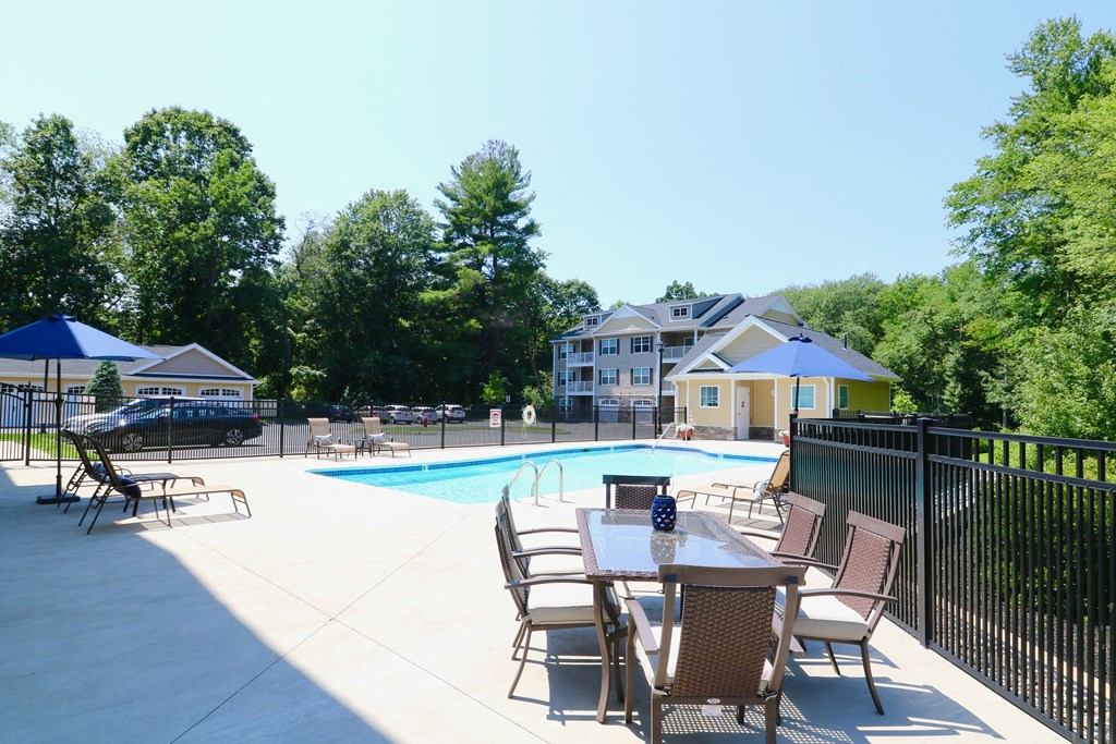 Exterior view of outdoor seating and pool at Mallory Ridge, Bloomfield, 06002