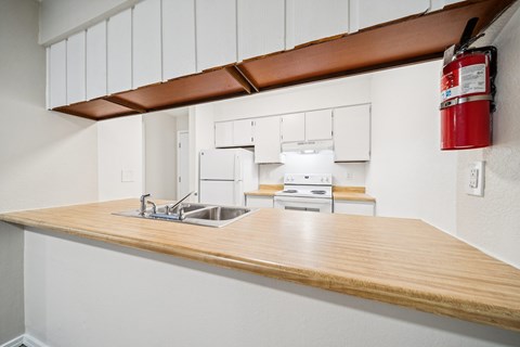 A kitchen with a wooden counter top and a red fire extinguisher on the wall.