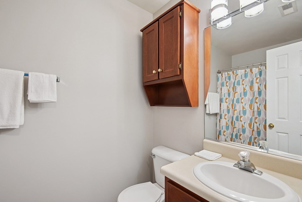 Restroom with a sink and wooden cabinets