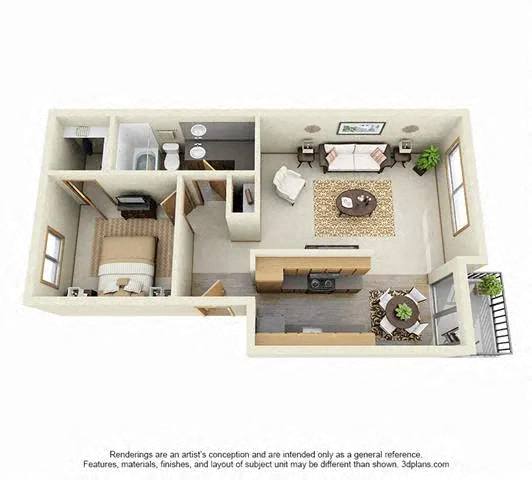 3D Floorplan for a 1 bedroom floor plan at Overlook at the Willamette, Oregon ?