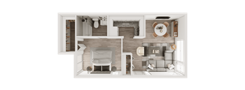 a 3d floor plan of a bedroom and living room at The Flats at Talcott, Weatogue, Connecticut, 06089