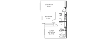 A floor plan of a small apartment with a living room, two bedrooms, and a closet.