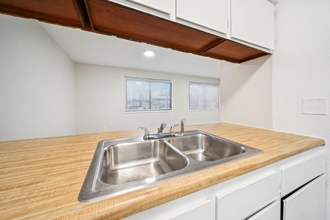 A kitchen with a double sink and wooden countertop.