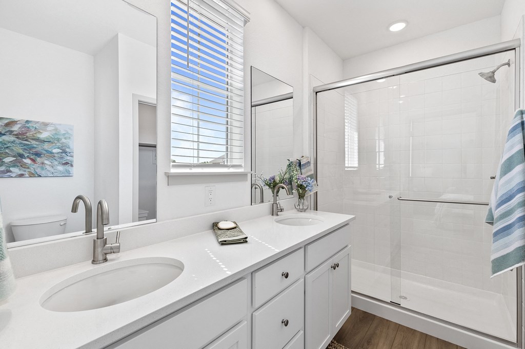 a white bathroom with two sinks and a shower