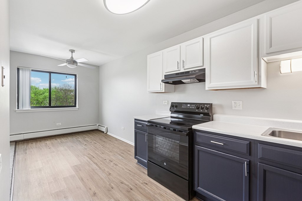 A kitchen with a black oven with white and blue cabinets.