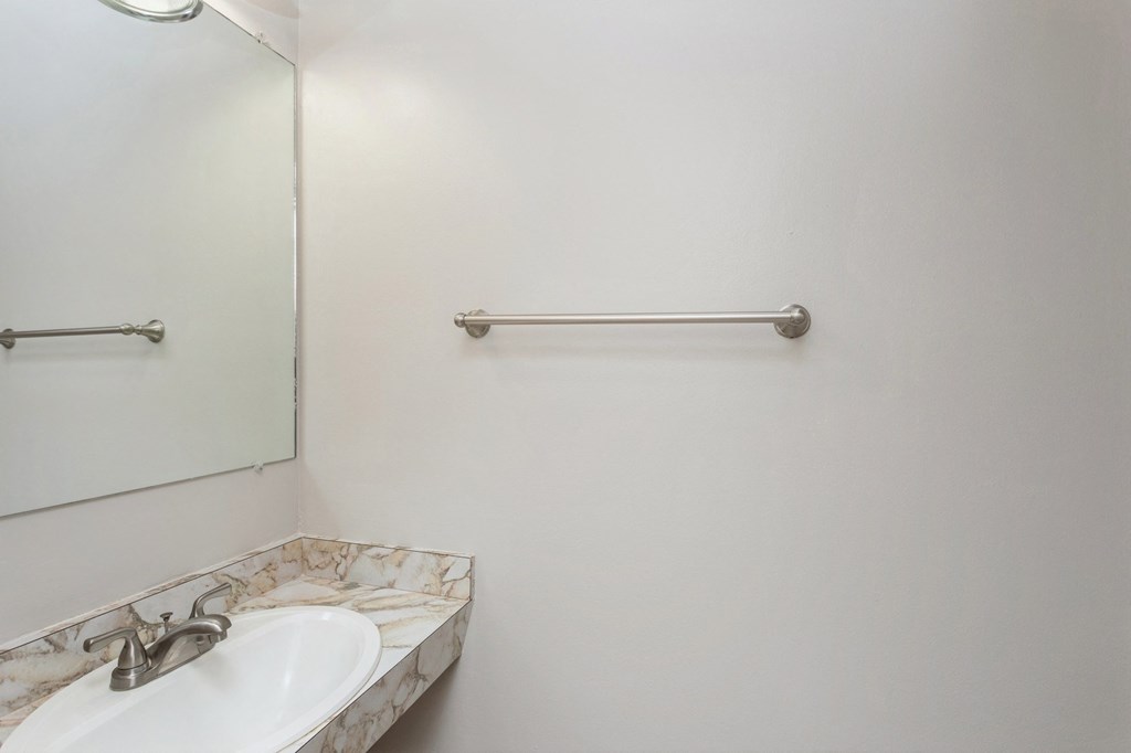 a bathroom with a sink and a mirror and a towel rack