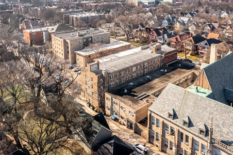 A view of a city from above with buildings of various sizes at Pleasant Oak Apartments, Oak Park, IL