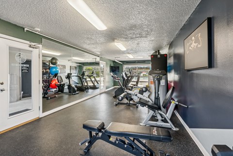A gym with a variety of equipment including a rowing machine.