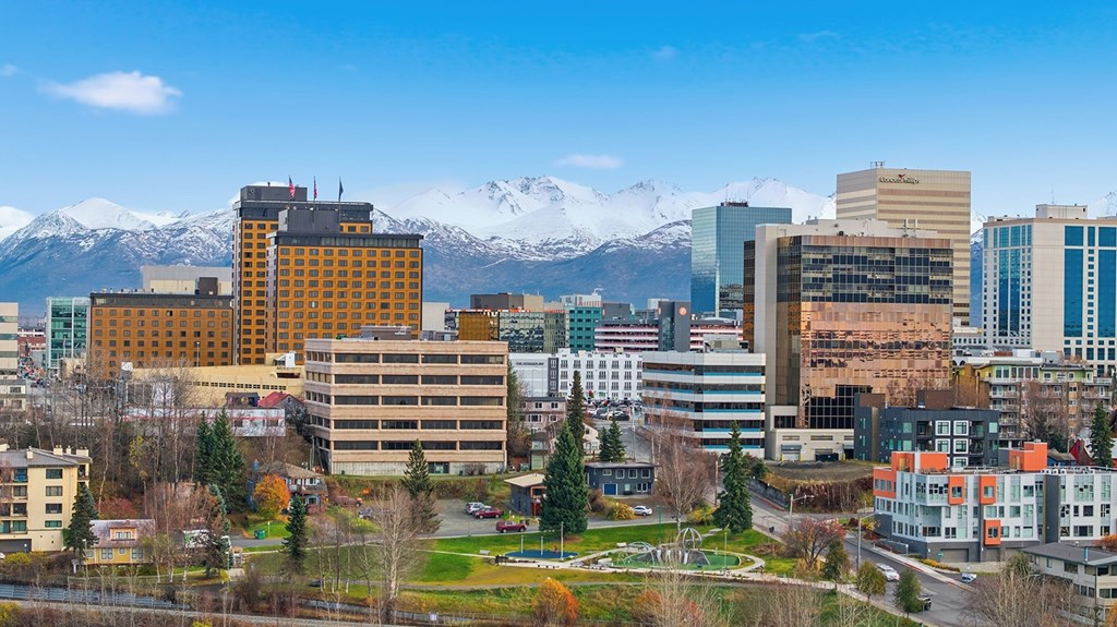 A cityscape with buildings and snow-capped mountains in the background.