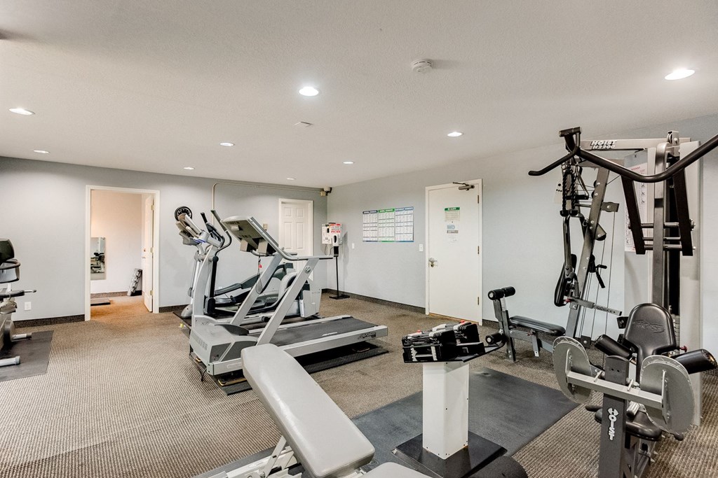 Large gym with treadmills and other fitness machines at Wayzata Woods Apartments, Wayzata, MN