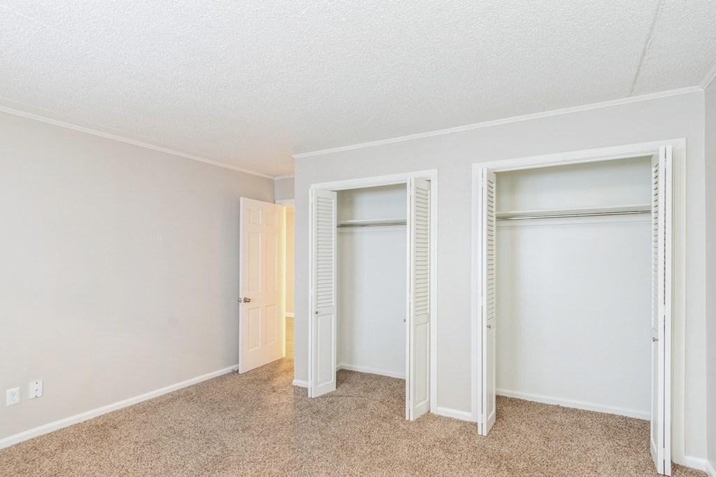A bedroom with a carpeted floor and two closets..