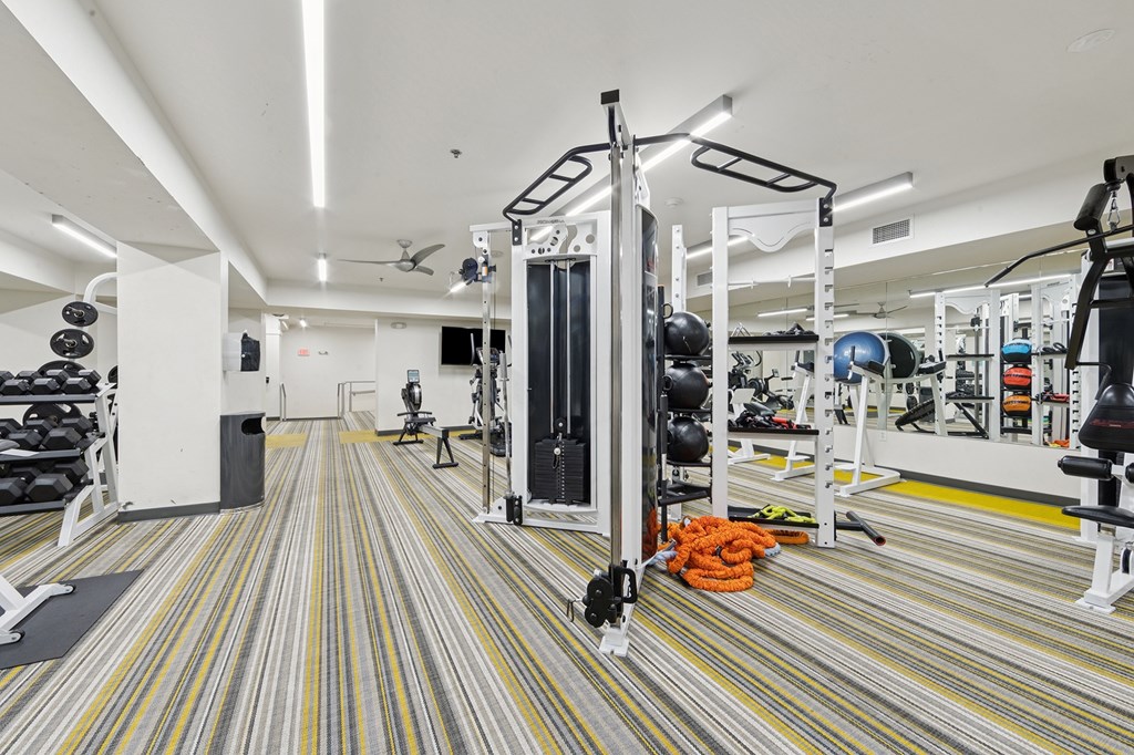 A gym with a striped carpet and a variety of equipment.