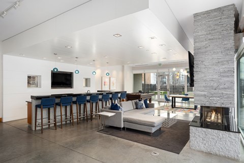 Posh Lounge Area With Fireplace In Clubhouse at Track 29 Apartments, Minnesota, 55408