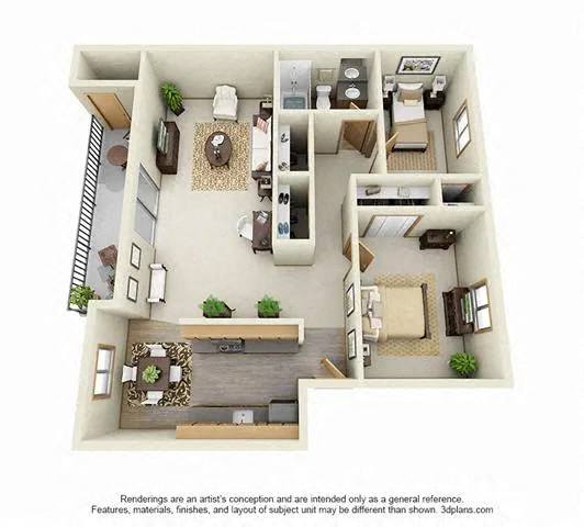3D floorplan of a 2 bedroom apartment at Overlook at the Willamette, Oregon, 97222?