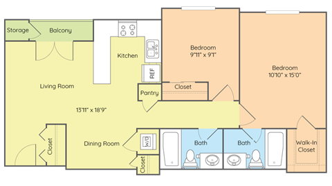 2 bedroom 2 bath floor plan  at Briarwood Apartments, Dumfries, 22026