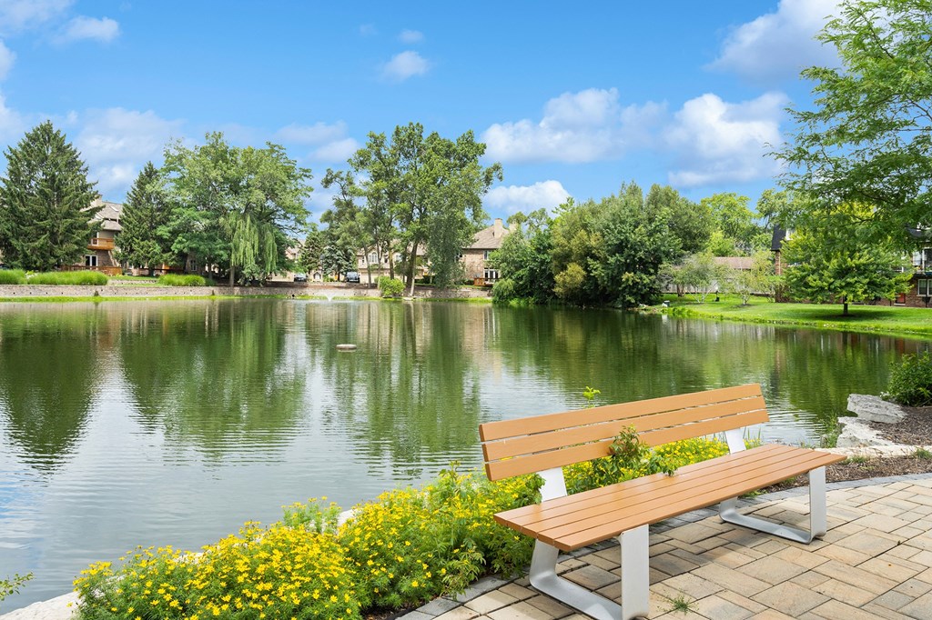 a bench overlooking a lake with houses and trees in the background at The Hinsdale, Illinois, 60521