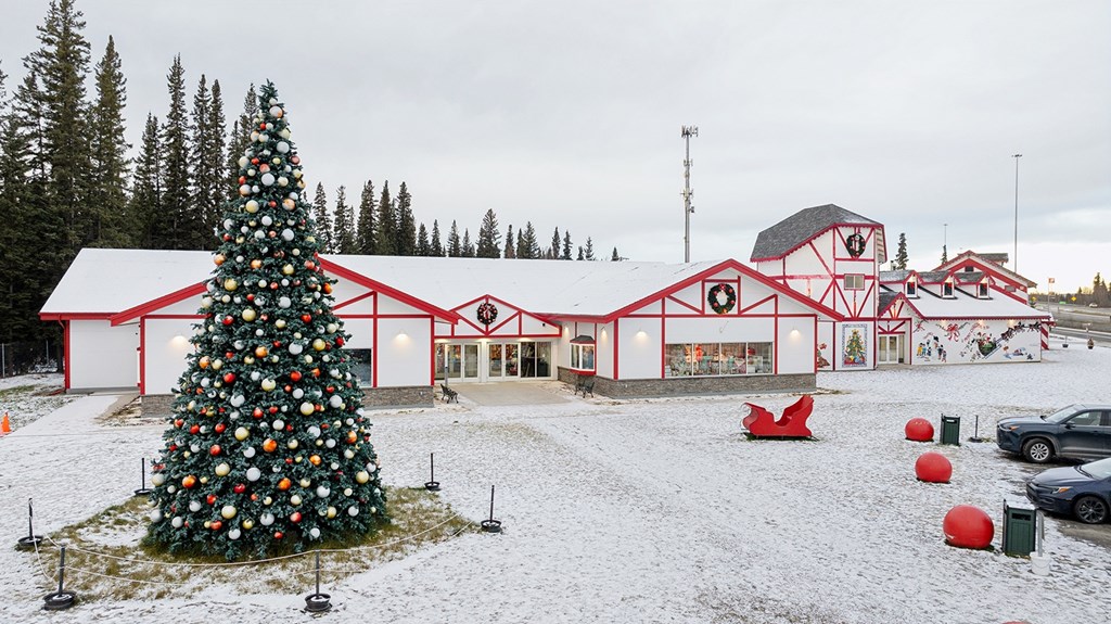 A large Christmas tree stands in front of a red building.