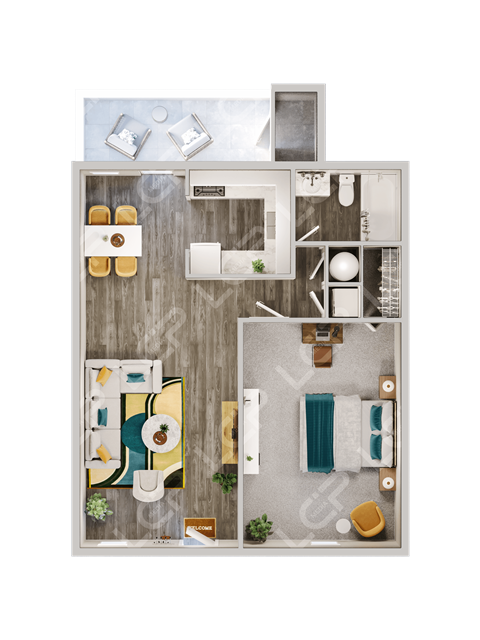 Floor plan of a bedroom apartment with a bathroom and a living room