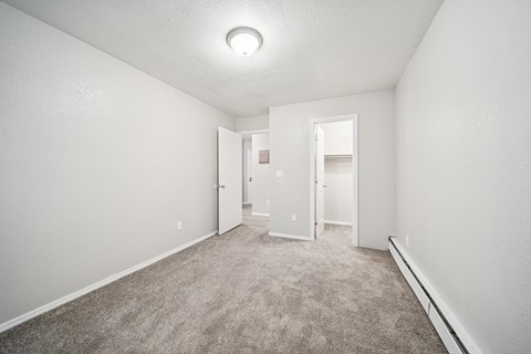 A white room with a carpeted floor and a ceiling light.