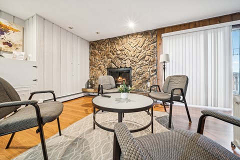 A living room with a stone fireplace and a grey rug.