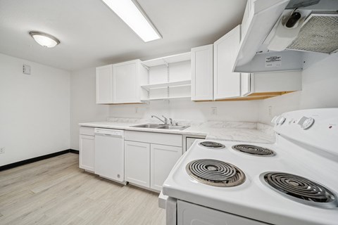 A white kitchen with a stove and sink.