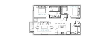 A floor plan of a house with a living room, kitchen, and two bedrooms.