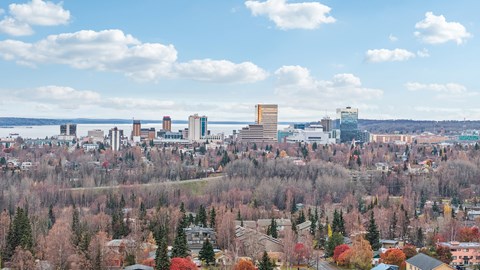 A cityscape with a mix of residential and commercial buildings, surrounded by trees with autumn foliage.