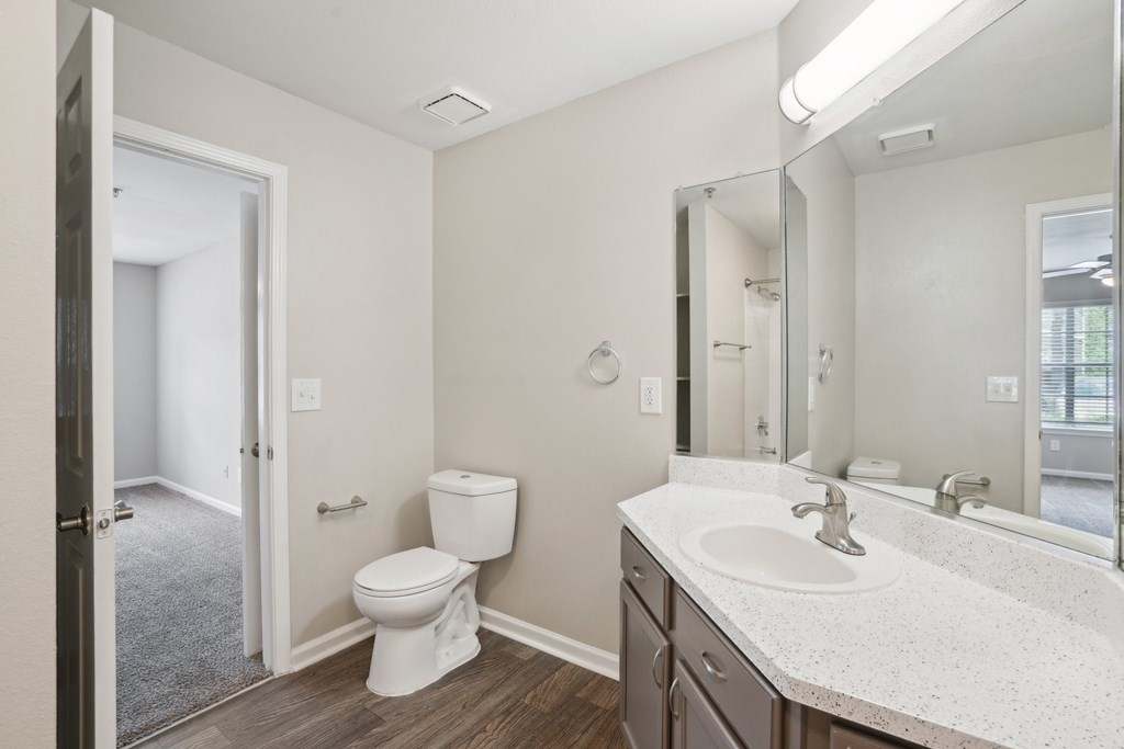 A bathroom with a toilet, sink, and mirror.