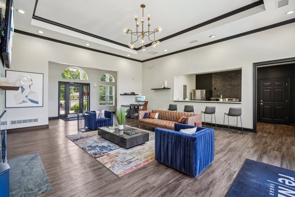 A modern living room with a blue sofa and a wooden floor.