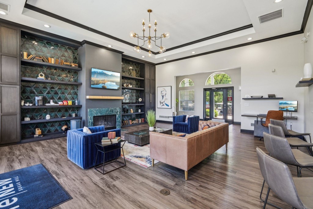 A modern community room with a fireplace, furniture, and a large rug.