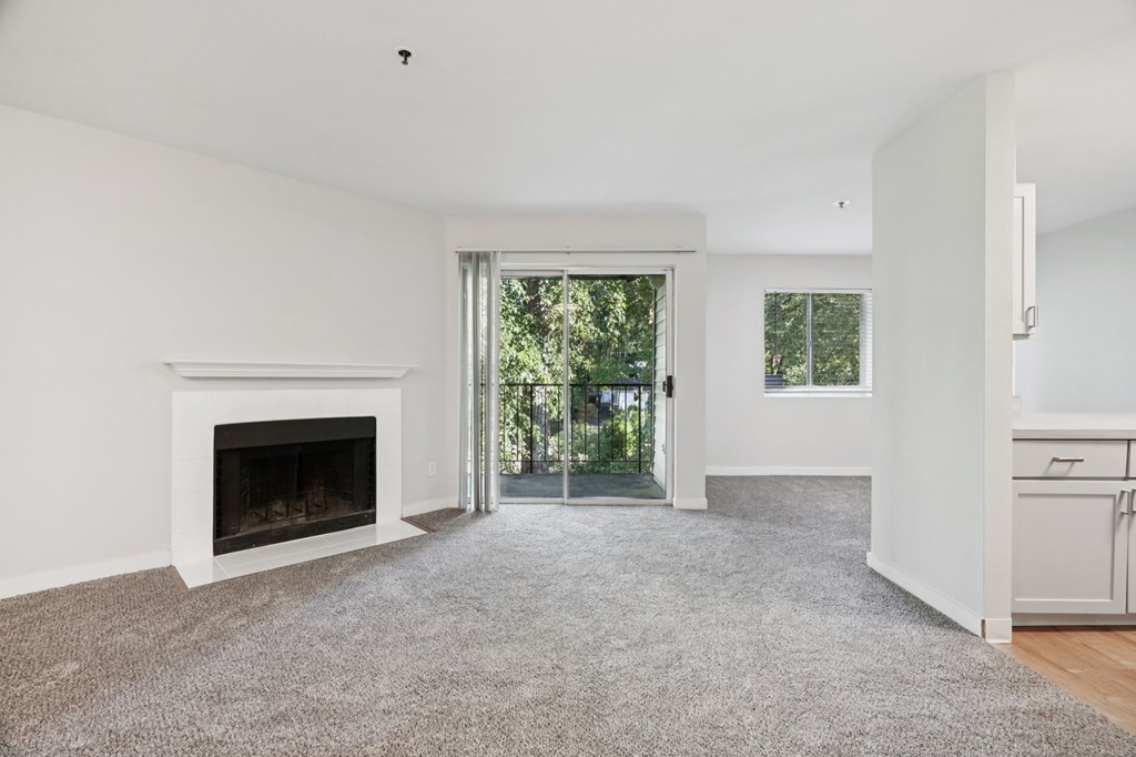 A white room with a fireplace and a carpet.