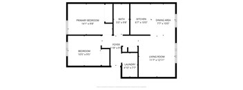 A floor plan for a home with a primary bedroom, bathroom, kitchen, dining area, foyer, laundry, and living room.