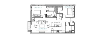 A floor plan of a house with a kitchen, living room, and two bedrooms.