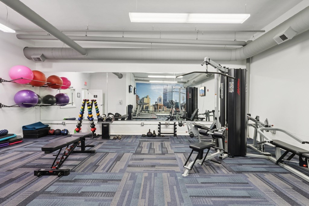 A gym with a variety of equipment including a bench, and a weight rack.