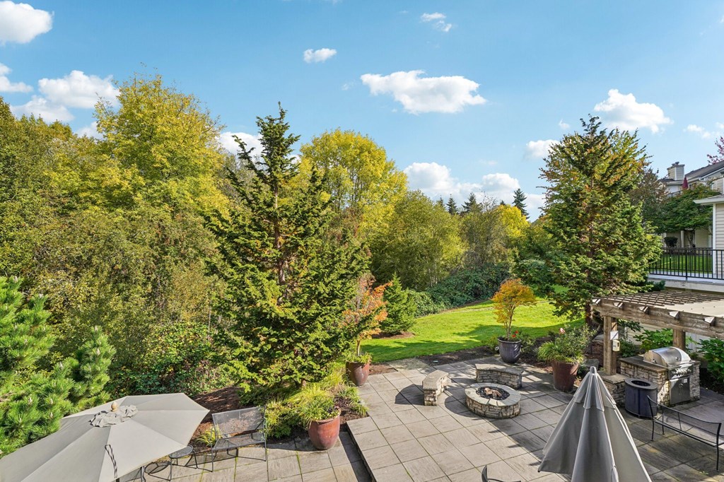 A backyard with a patio and a fire pit.