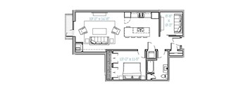 A floor plan of a house with a living room, kitchen, and two bedrooms.