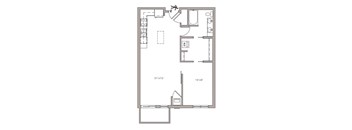 A floor plan of a room with dimensions and furniture layout.