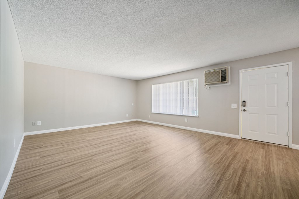A room with wooden flooring and a white door.