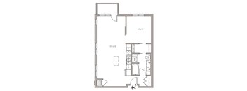 A floor plan of a room with a kitchen area and a bathroom.